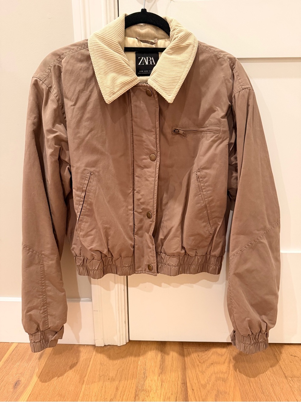 ZARA Taupe Bomber Jacket with Cream Corduroy Collar
